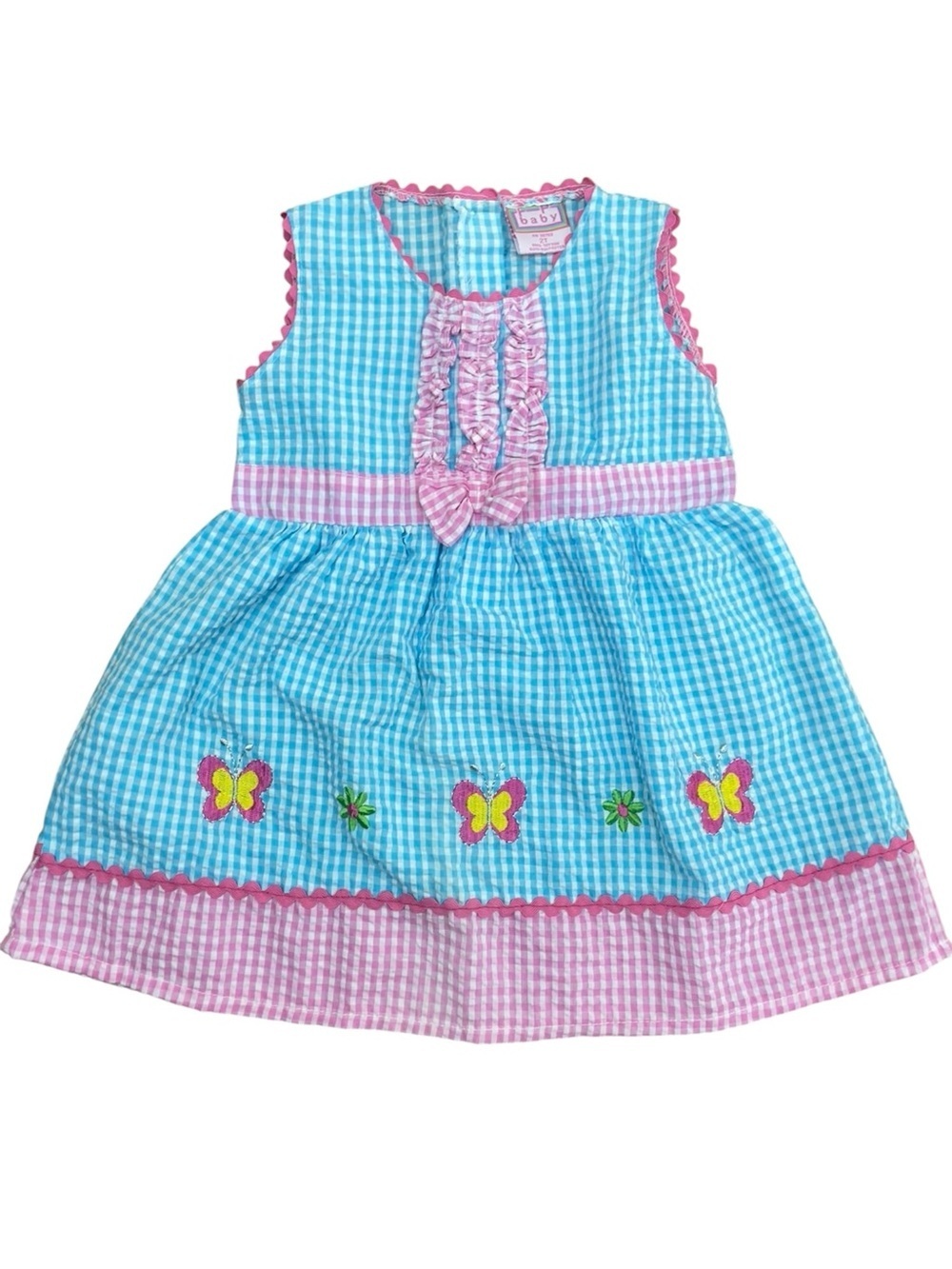 Vintage Baby Blue Pink Gingham Butterfly Dress size: 2T embroidered butterflies